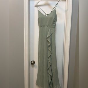 Sage bridesmaids dress tailored to 5’2”, 145 lb. frame with 38C bra size
